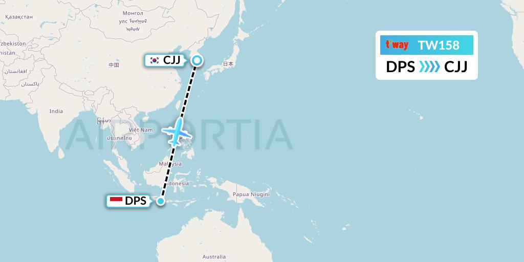 TW158 T'way Air Flight Map: Denpasar to Cheongju