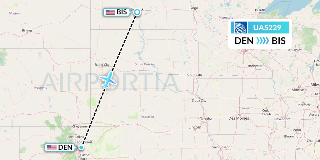 UA5229 United Airlines Flight Map: Denver to Bismarck