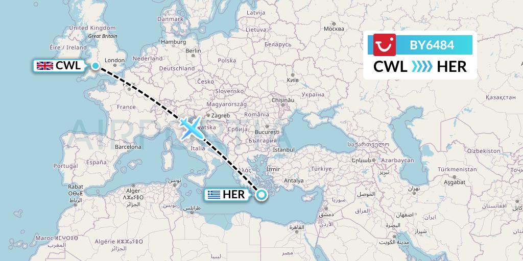 BY6484 TUI Airways Flight Map: Cardiff to Heraklion