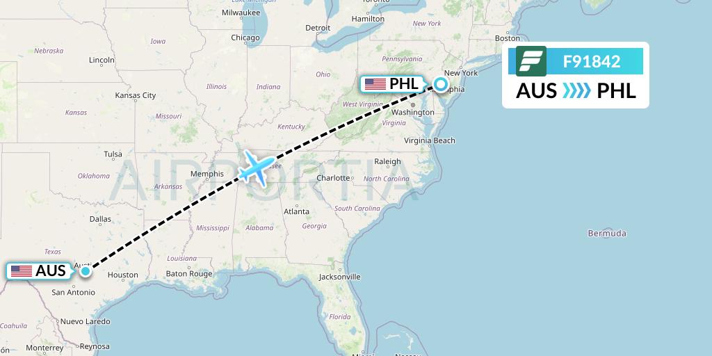F91842 Frontier Airlines Flight Map: Austin to Philadelphia