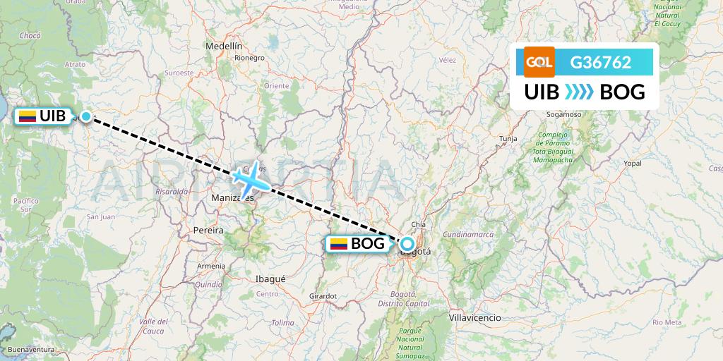 G36762 GOL Transportes Aeros Flight Map: Quibdo to Bogota