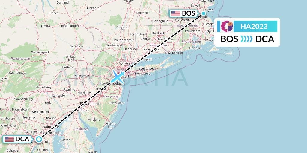 HA2023 Hawaiian Airlines Flight Map: Boston to Washington