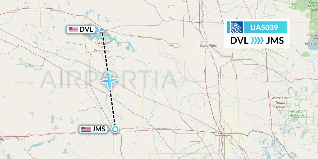 UA5039 United Airlines Flight Map: Devils Lake to Jamestown
