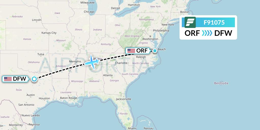F91075 Frontier Airlines Flight Map: Norfolk to Dallas