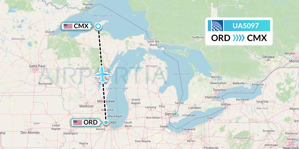UA5097 United Airlines Flight Map: Chicago to Hancock