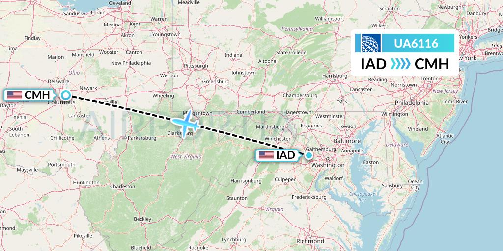 UA6116 United Airlines Flight Map: Washington to Columbus