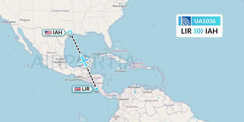 UA1036 United Airlines Flight Map: Liberia to Houston