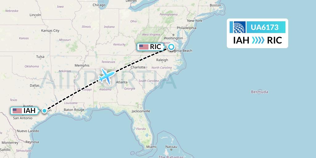 UA6173 United Airlines Flight Map: Houston to Richmond