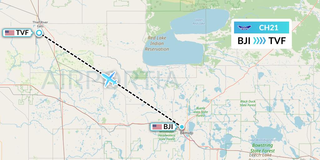 CH21 Bemidji Airlines Flight Map: Bemidji to Thief River Falls