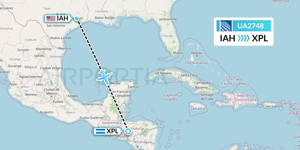 UA2748 United Airlines Flight Map: Houston to Comayagua