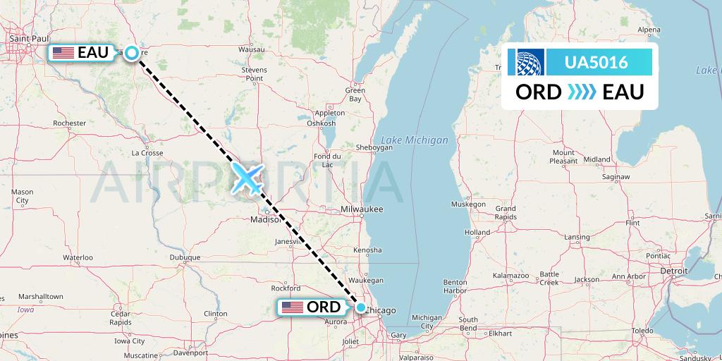 UA5016 United Airlines Flight Map: Chicago to Eau Claire