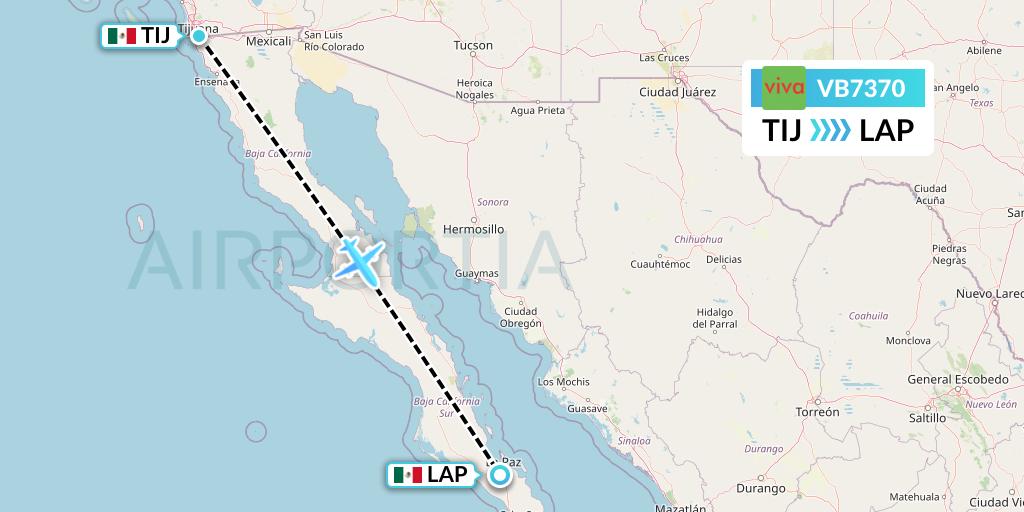 VB7370 VivaAerobus Flight Map: Tijuana to La Paz