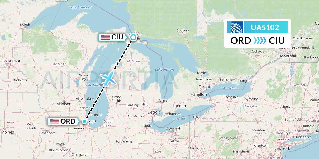 UA5102 United Airlines Flight Map: Chicago to Sault Sainte Marie