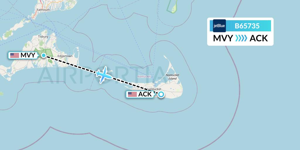 B65735 JetBlue Airways Flight Map: Martha's Vineyard to Nantucket