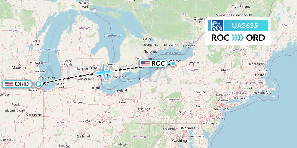 UA3635 United Airlines Flight Map: Rochester to Chicago