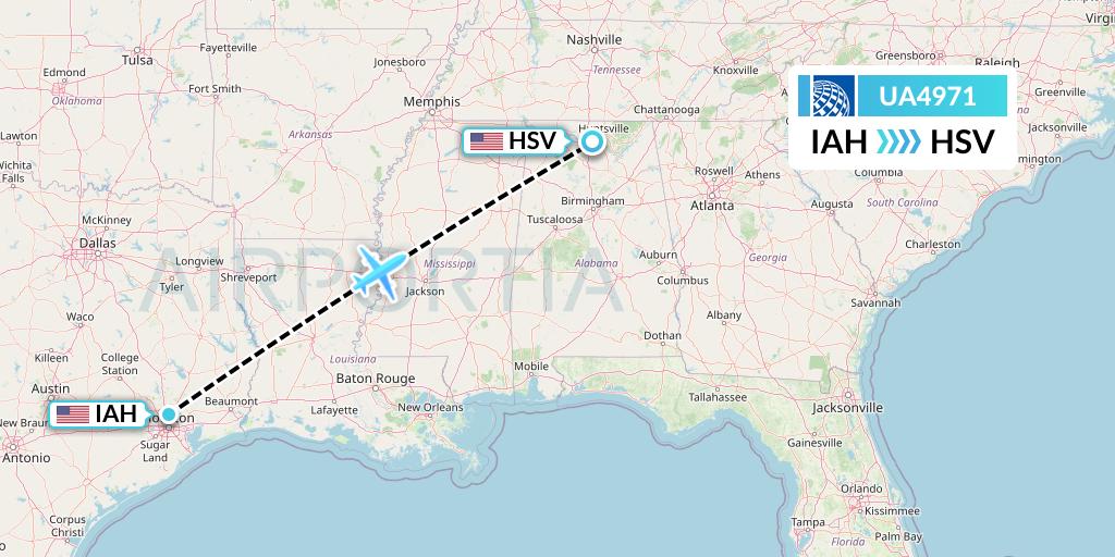 UA4971 United Airlines Flight Map: Houston to Huntsville