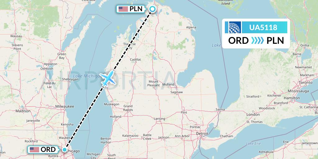 UA5118 United Airlines Flight Map: Chicago to Pellston