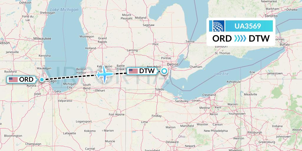 UA3569 United Airlines Flight Map: Chicago to Detroit