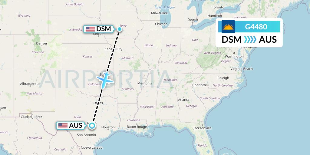 G4480 Allegiant Air Flight Map: Des Moines to Austin