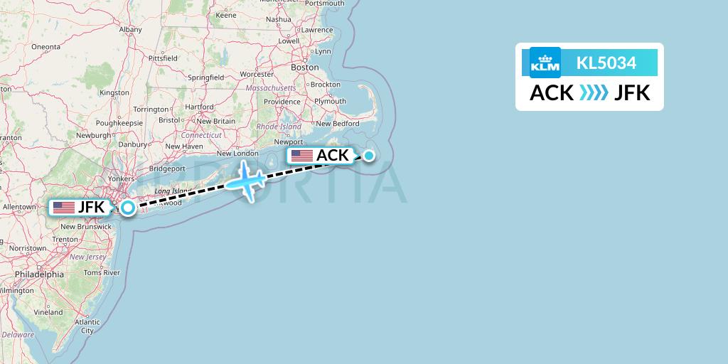 KL5034 KLM Flight Map: Nantucket to New York