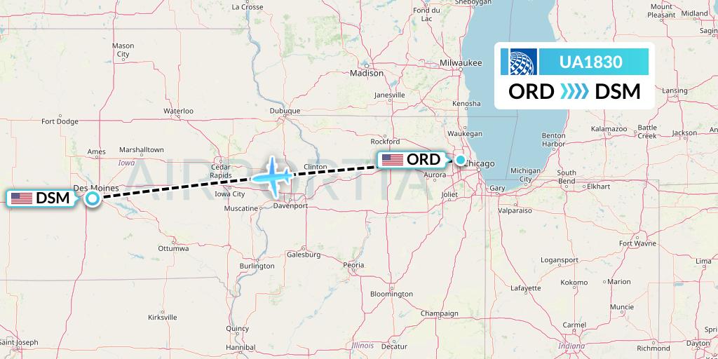 UA1830 United Airlines Flight Map: Chicago to Des Moines