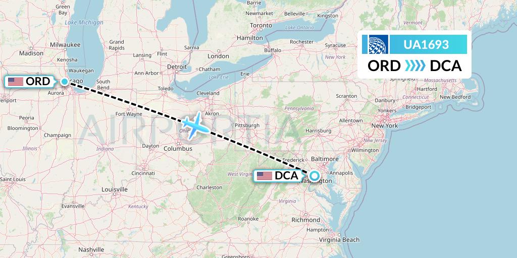 UA1693 United Airlines Flight Map: Chicago to Washington