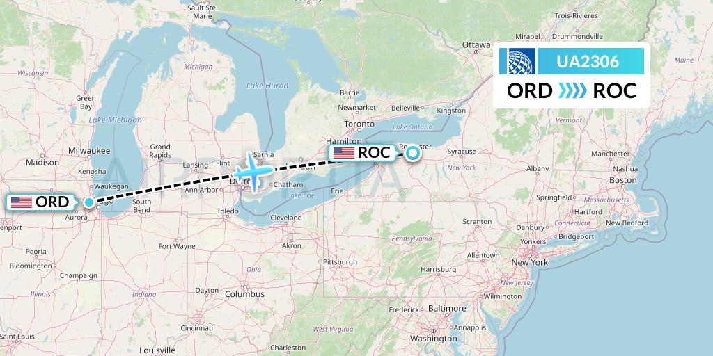 UA2306 United Airlines Flight Map: Chicago to Rochester