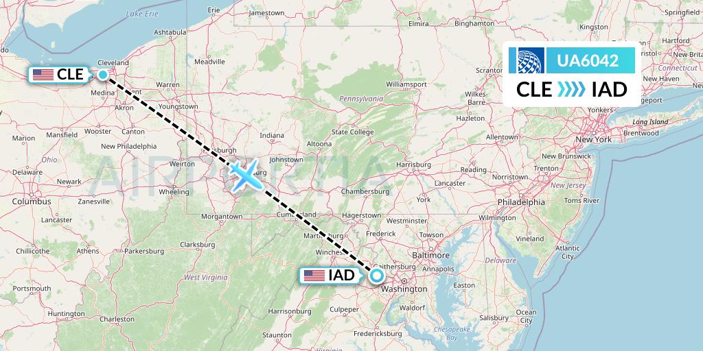 UA6042 United Airlines Flight Map: Cleveland to Washington