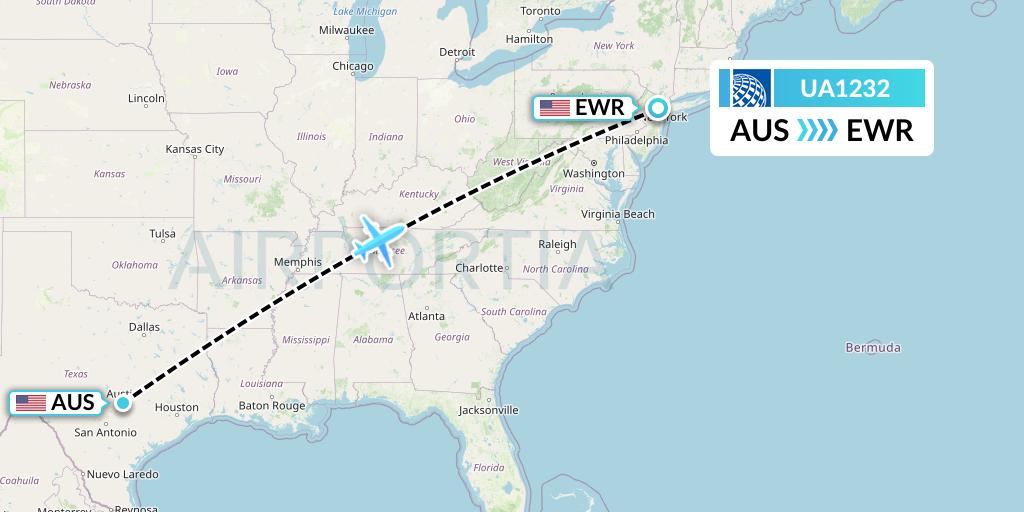 UA1232 United Airlines Flight Map: Austin to New York