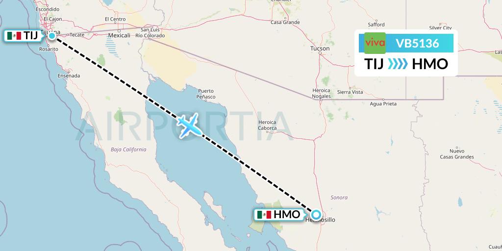 VB5136 VivaAerobus Flight Map: Tijuana to Hermosillo