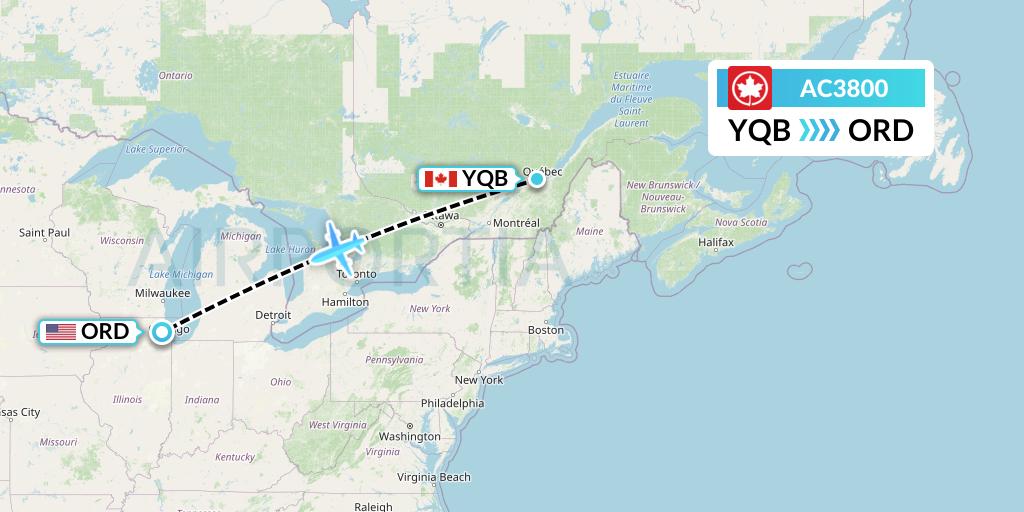 AC3800 Air Canada Flight Map: Quebec to Chicago