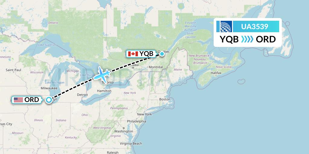 UA3539 United Airlines Flight Map: Quebec to Chicago