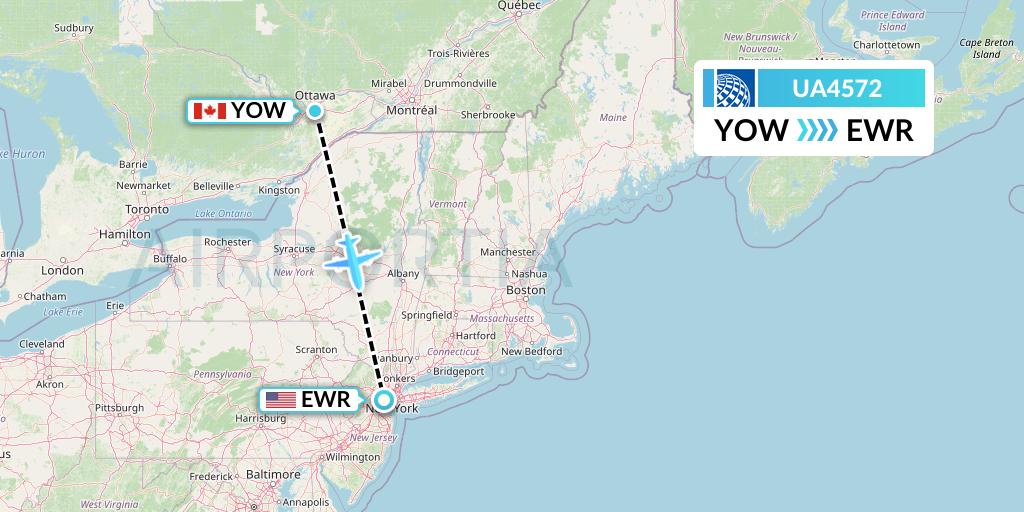 UA4572 United Airlines Flight Map: Ottawa to New York