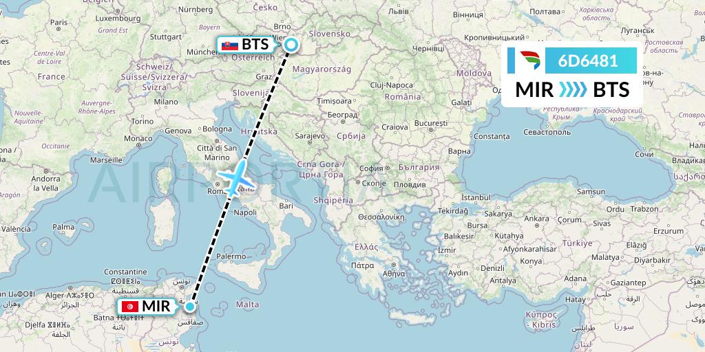 6D6481 Travel Service Slovakia Flight Map: Monastir to Bratislava