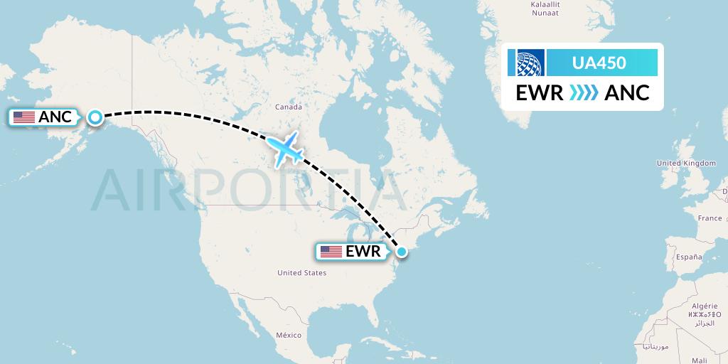 UA450 United Airlines Flight Map: New York to Anchorage