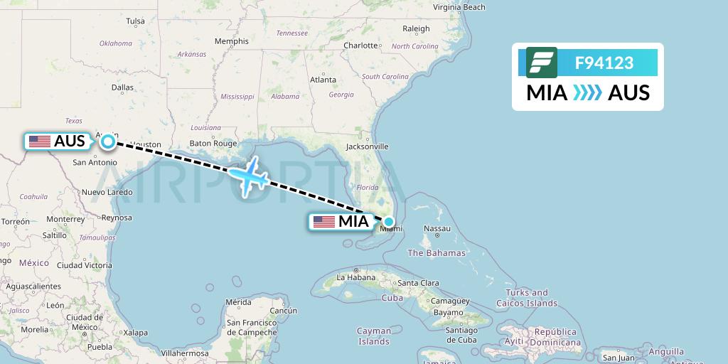F94123 Frontier Airlines Flight Map: Miami to Austin