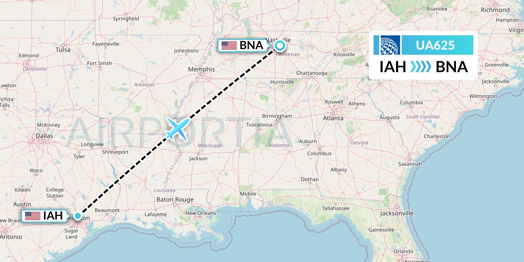 UA625 United Airlines Flight Map: Houston to Nashville