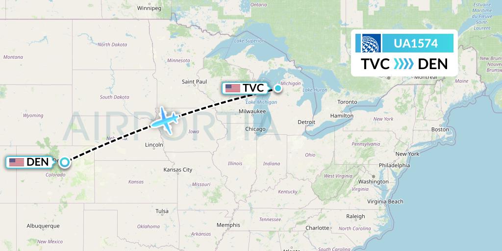 UA1574 United Airlines Flight Map: Traverse City to Denver