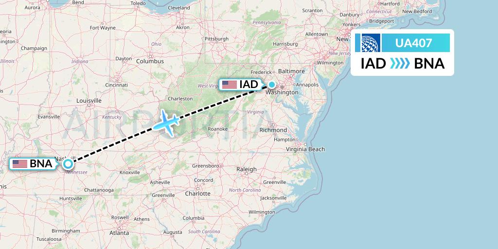 UA407 United Airlines Flight Map: Washington to Nashville