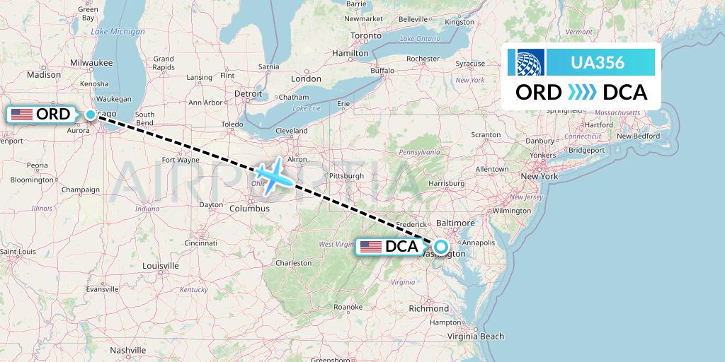 UA356 United Airlines Flight Map: Chicago to Washington