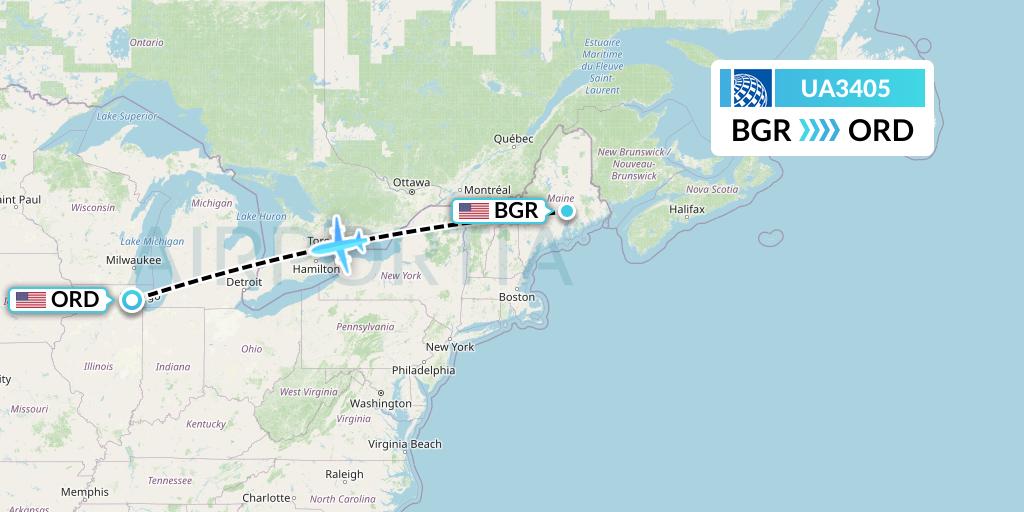 UA3405 United Airlines Flight Map: Bangor to Chicago