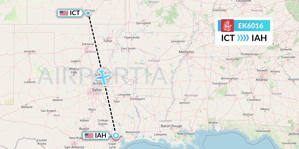 EK6016 Emirates Flight Map: Wichita to Houston