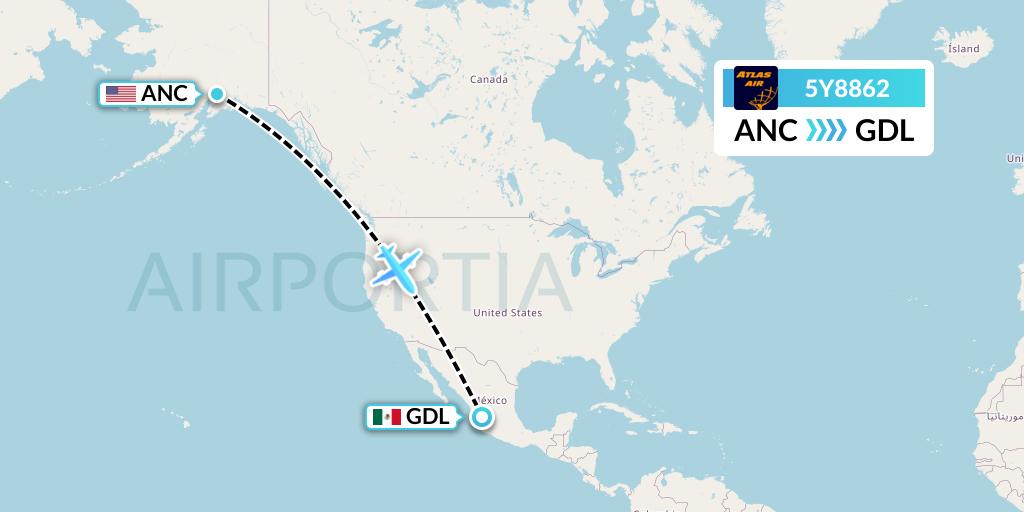 5Y8862 Atlas Air Flight Map: Anchorage to Guadalajara