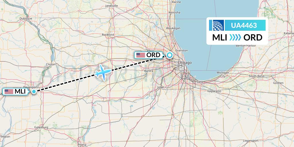 UA4463 United Airlines Flight Map: Moline to Chicago
