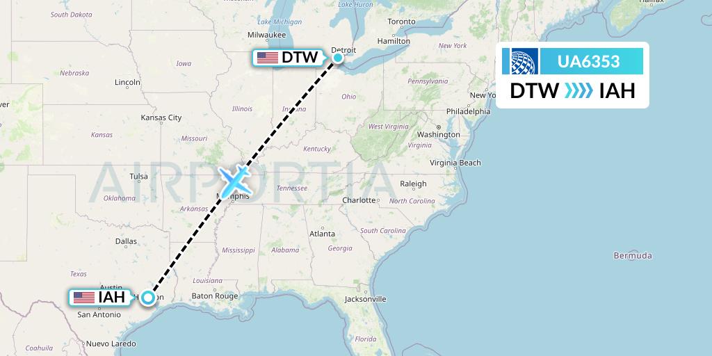 UA6353 United Airlines Flight Map: Detroit to Houston