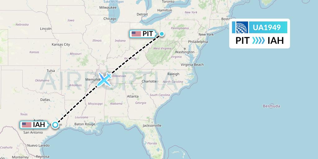 UA1949 United Airlines Flight Map: Pittsburgh to Houston