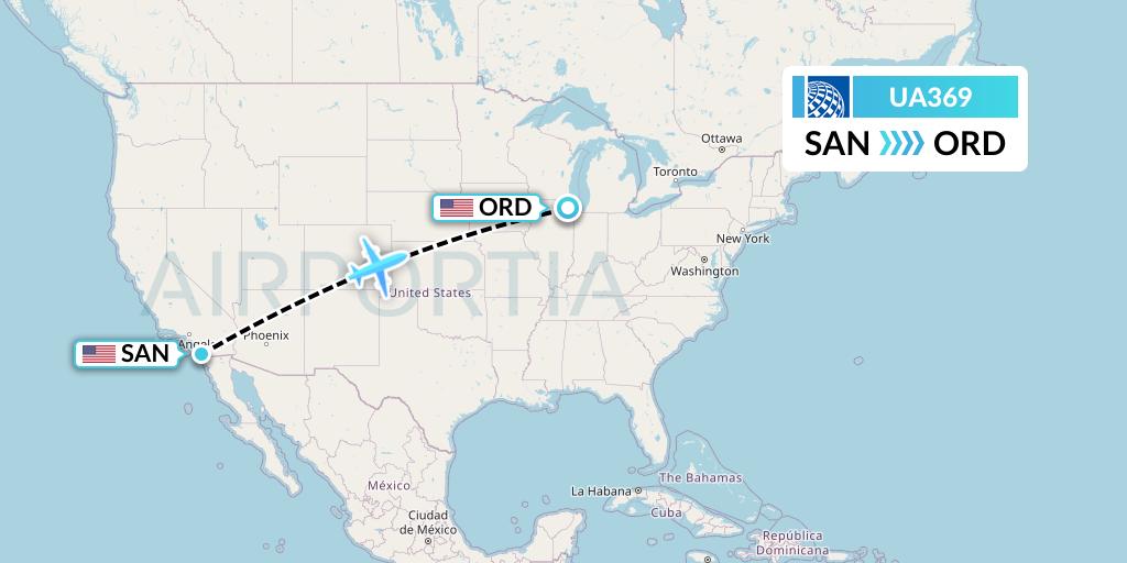 UA369 United Airlines Flight Map: San Diego to Chicago