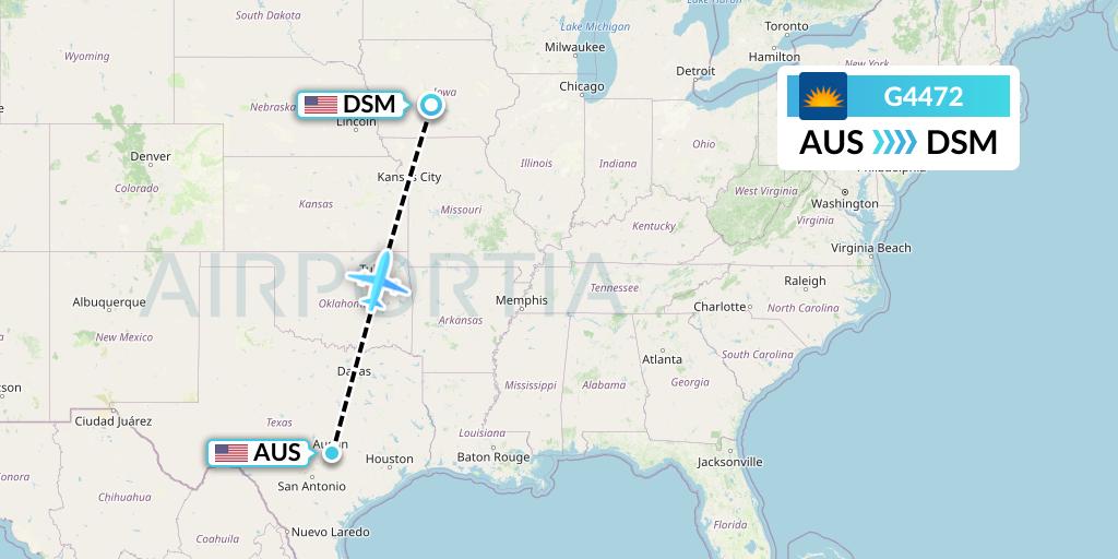 G4472 Allegiant Air Flight Map: Austin to Des Moines