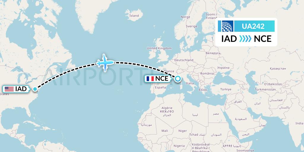 UA242 United Airlines Flight Map: Washington to Nice