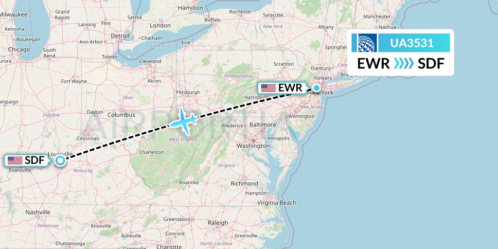UA3531 United Airlines Flight Map: New York to Louisville